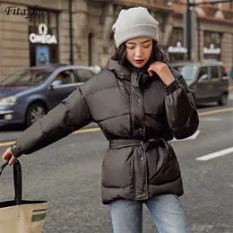 Fitaylor 겨울 여성 면화 자켓 코트 우아한 여성 버튼 벨트 outwear 캐주얼 두꺼운 따뜻한 두건 211018