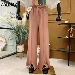 NEPLOE High Waist Hip Szerokie spodnie nogi Kobiety Elastyczna konstrukcja Projekt Split Solidne spodnie Spring Luźne Pantalones Mujer 210510