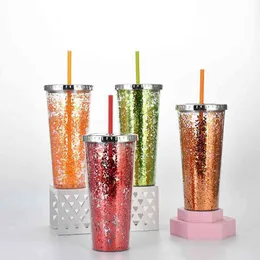 water cup sippy cups 24oz plastic straw cup flash powder Straight cold drink electroplating cover Double layer Sequin decoration G35SKYI