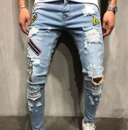 Märke män jeans rippade stretchy masculina blå byxor låg midja penna byxor mode casual streetwear hip hop