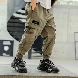 Korean Cotton Pants for Kids Boys Solid Color Loose Cargo Trousers Spring Autumn 2021 Long Pants with Big Pockets 4 8 12 14Years G1220