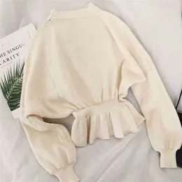 Women Sweater Two Piece Sets Spring Autumn Batwing Sleeve Ruffles Pullover Wrap Skirt Outfits Woman Elegant Knitt Clothing 210525