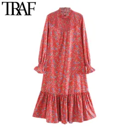 Mulheres Chic Moda Floral Impressão Ruffled Midi Vestido Vintage Vintage Alto Collar Manga Comprida Vestidos Femininos Vestidos Mujer 210507