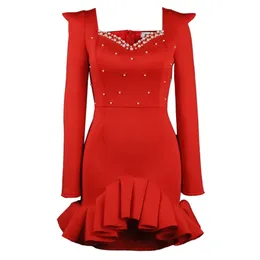 Boże Narodzenie Red Party Dress Dla Kobiet Ruffles Patchwork Z Koralik Sexy Z Długim Rękawem Bodycon Celebrity Urodziny Okazda Spadek Est 210527