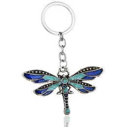 Crystal Nyckelringar Animal Dragonfly Antik Silver Rhinestone Key Chain Rings Holder Bil Smycken Mode hänge nyckelringar