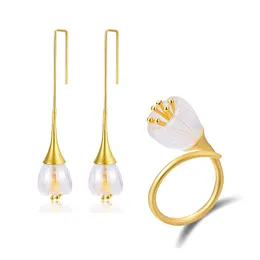 Lotus Fun Real 925 Sterling Silver Natural Crystal Handmade Designer Fine Delicate Fresh Flower Jewelry Set for Women