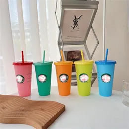 Starbucks Farbwechselnder wiederverwendbarer Kunststoffbecher, 24 oz/710 ml, Kunststoffbecher, Becherdeckel, wiederverwendbar, durchsichtiger Trinkbecher mit flachem Boden, säulenförmiger Strohhalm, Partybecher a32