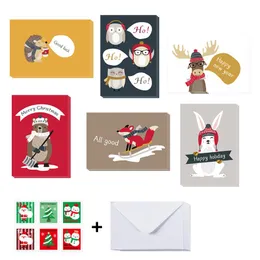 بطاقات المعايدة 6pcs عيد الميلاد الكرتون مع مغلف وملصقات سنة سعيدة شكرا لك دعوات ديكور البطاقة