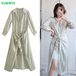 VUWWYV Abito camicia con colletto a righe Donna Estate Casual Abbottonatura Midi Donna Manica lunga Nodo anteriore Donna es 210430