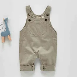 Boys Girls Pocket Overalls Jumpsuits Spring Children Kids Gentleman Pants Baby Clothing Pure Color Rompers 210429