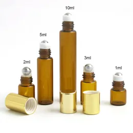 300pcs atacado âmbar vidro essencial de óleo de rolos de óleo com bolas de aço inoxidável perfumes Lip Balms roll em garrafas