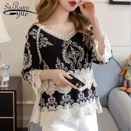 Fashion Summer Tops Plus Size Lace Blouse Women Shirt Sexy Hollow Flare Sleeve Women's Clothing Blusas 0103 30 210427