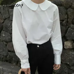 Yitimuceng Casual Blouse Kvinnor Oversized Knappskjortor Koreanska Mode Shirt Sme Solid Vit Blå Toppar Vår Sommar 210601