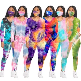 European And American Women Tie Dye Two Piece Set Tracksuits Round Neck Casual Fashion Home Sports Pants Suit (including Mask)