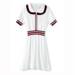 Women White Black Peter Pan Collar Knitted Hollow Out Button Short Sleeve Mini Dress Hit Color Summer D2681 210514
