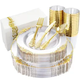 Disposable Dinnerware 60 Pcs Tableware Transparent Golden Plastic Tray With Silverware Glasses Birthday Wedding Party Supplies