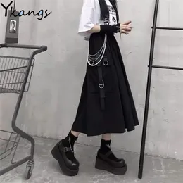 Alto cintura solta uma linha de cargas de carga cadeia anel lateral pocket midi longo saia preto coreano hip hop streetwear harajuku oversize 210721