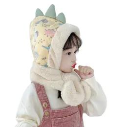 Down fabric Children Winter hats beanies set Kids Cute dinosaur Child fur hat scarf One piece boys girls Earflap caps