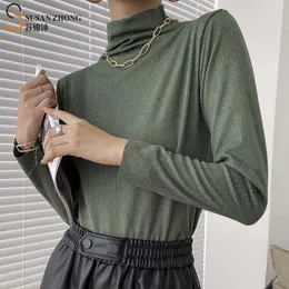 Women T-Shirt Female Tops Elegant Basic Office Autumn Winter Jersey Cotton High Stretch Mock Turtle Neck Long Sleeve Warm Colors X0628