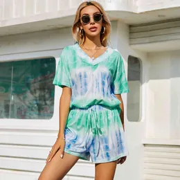 Najnowsze kobiety z krótkim rękawem Rękawem Leisure Home Wear sportswear Tie Dye Spodenki Garnitury Moda na lato X0526