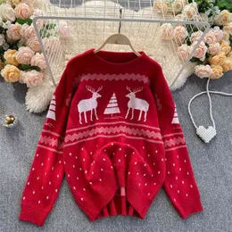 Women Christmas Deer Loose Knitted Sweater Winter Long Sleeve Tree Knitwear Autumn Fashion Warm Elk Pullovers Top 210514