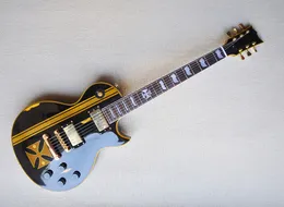 Factory Wholesale Relic Gloss Black Electric Guitar med gult mönster, Rosewood Fretboard, gul bindning, erbjudande anpassade tjänster