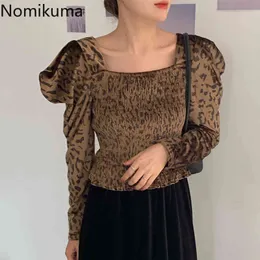 Nomikuma Kvinnor Velour Blouse Puff Långärmad Fyrkant Koreanskt Skjorta Höststräcka Slim Short Top Blusas Femme 6c970 210427