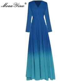 Mode Designer Dress Spring Women's Dress V-Neck Långärmad Ruched Slim Elegant Party Robe Maxi Klänningar 210524