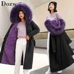 Zimowe Kobiety Kurtki Płaszcz Gruby Polar Podwójne Ciepłe Luźne Bawełna Plus Rozmiar Długie Płaszcze Park Faux Fur Collar Z Kapturem 210515