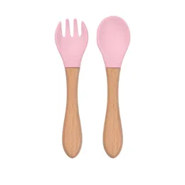 Bamboo Baby Spoon and Fork Set Soft Silicone Tip Baby Feeding Spoon Food Grade Silicone Training Spoon Toddler Cutlery 5299 Q2