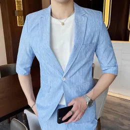 Summer Light Blue Skinny 2 Piece Slim Fit Suits For Mens Classic Social Blazers Pants Set Prom Suits Party Homecoming Dresses X0909