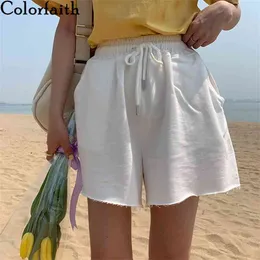 Colorfaith sommar kvinnor shorts bred ben hög elastisk midja avslappnad strand lösa joggare spetsar upp byxor p1948 210719