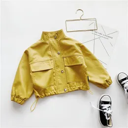 グーポソンの小さな女の子服秋の単列ボタンレザーコート黄色い子供たちは韓国の子供たちのジャケットトップ210715