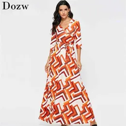 Kvinnor Geometrisk Print Maxi Klänning Höst V Neck Half Sleeve Bandage Bohemian Long Casual Tunika Es Vestido Longo 210515