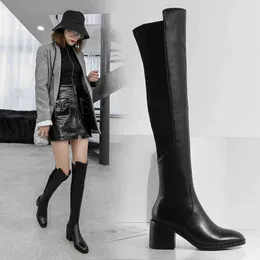 2022 чернокожих женщин над коленными ботинками пэчворк натуральная кожа 7 см высокий каблук осень зима мода обувь большой размер 34-43 y1209