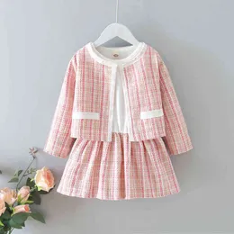 Gooporson 가을 아이들의 옷 한국어 패션 어린 소녀 의류 세트 격자 무늬 Coatlong 슬리브 공주 드레스 유아 의상 G220310