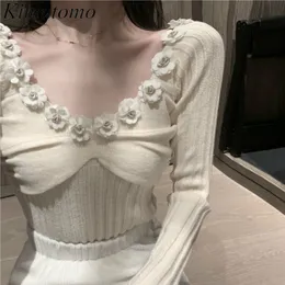 Kimutomo Elegante Camisola De Malha Sólida Feminina Estilo Francês Decote O Tridimensional Flores Magro Manga Longa Topo Curto 210521