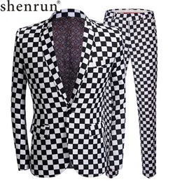 Shenrunファッションスーツメンズブラックホワイトプレイヤープリント2個セット最新コートパンツデザインウェディングステージシンガースリムフィットコスチュームx0909