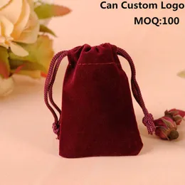 Wholesale High Quality Customized 50pcs/Lot 7X9cm Dark Red Luxury Jewelry Velvet Pouches Drawstring Gift Bags