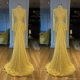 Glitter Sarı Abiye Yüksek Yaka Payetli Dantel Uzun Kollu Mermaid Balo Elbise Tüy Sweep Tren Custom Made Robes de Soirée