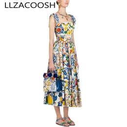 패션 활주로 여름 드레스 여성 휴가 휴일 Vestidos 활 스트랩 백리스 파란색과 흰색 도자기 꽃 긴 드레스 210514