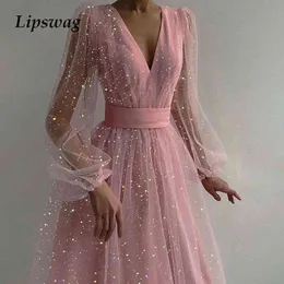 여성 여름 메쉬 얇은 섹시한 아가씨 파티 드레스 2021 봄 랜턴 긴 소매 스팽글 조각 도트 드레스 우아한 여성 Vestidos Robe X0521