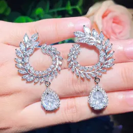 Luxury Bride Wedding Charm Long jewelry designer Silver earrings South American Water Drop Pearl White Blue Red AAA Cubic Zirconia Copper Earring For Women Gift