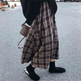 Japon Harajuku Sonbahar Kış Kadın MIDI Etek Yüksek Bel Ekose Kadın Saias Kore Ulzgg Streetwear Zarif Uzun Etekler 211120
