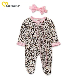 0-12M Spring Autumn born Infant Baby Girls Leoaprd Jumpsuit Ruffles Long Sleeve Romper Zipper Playsuit Clothes 210515