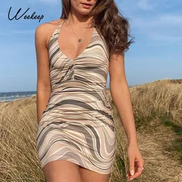 Casual Dresses Wefeep Elegant Baklösa Halter Klänning Kvinnor Ärmlös Snörning Upp Bodycon Mini Sommar Harajuku Outfits Beach Fashion Sundress