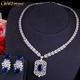 Shiny White Gold Color Royal Blue CZ Stone Women Luxury Wedding Necklace and Earrings Jewelry Set for Brides T495 210714