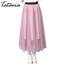 Long Skirts For Women Mid Length Feminina Pearl Beading Tulle Lace Midi High Waist Vintage Pleated Jupe Longue Femme 210514