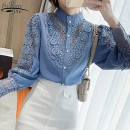 Crochet Hollow Lace Stitching Estilo Coreano Blusa Mulheres Sexy Puff Sleeve Stand-up Colar Definir Camisa fina 12731 210427