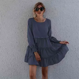 Women Cupcake Dress Elegant Fashion Full Length Regular Sleeve Round Neck Solid Color Draped High Waist 210522